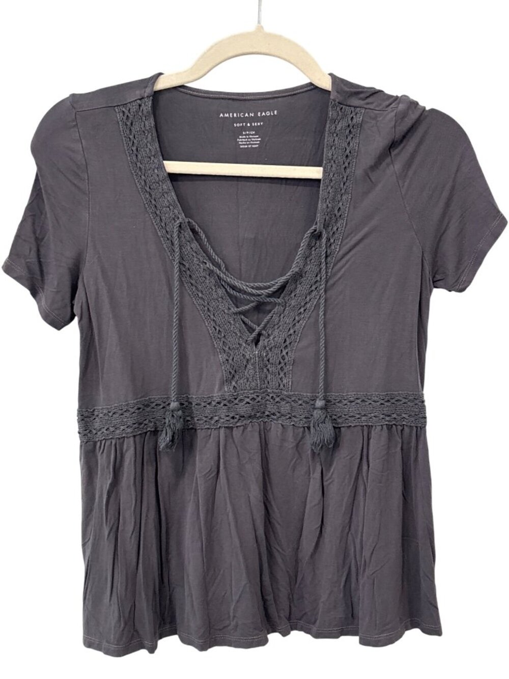 American Eagle Hooded Top Small Soft & Sexy Lace Up Crochet Lace Chic